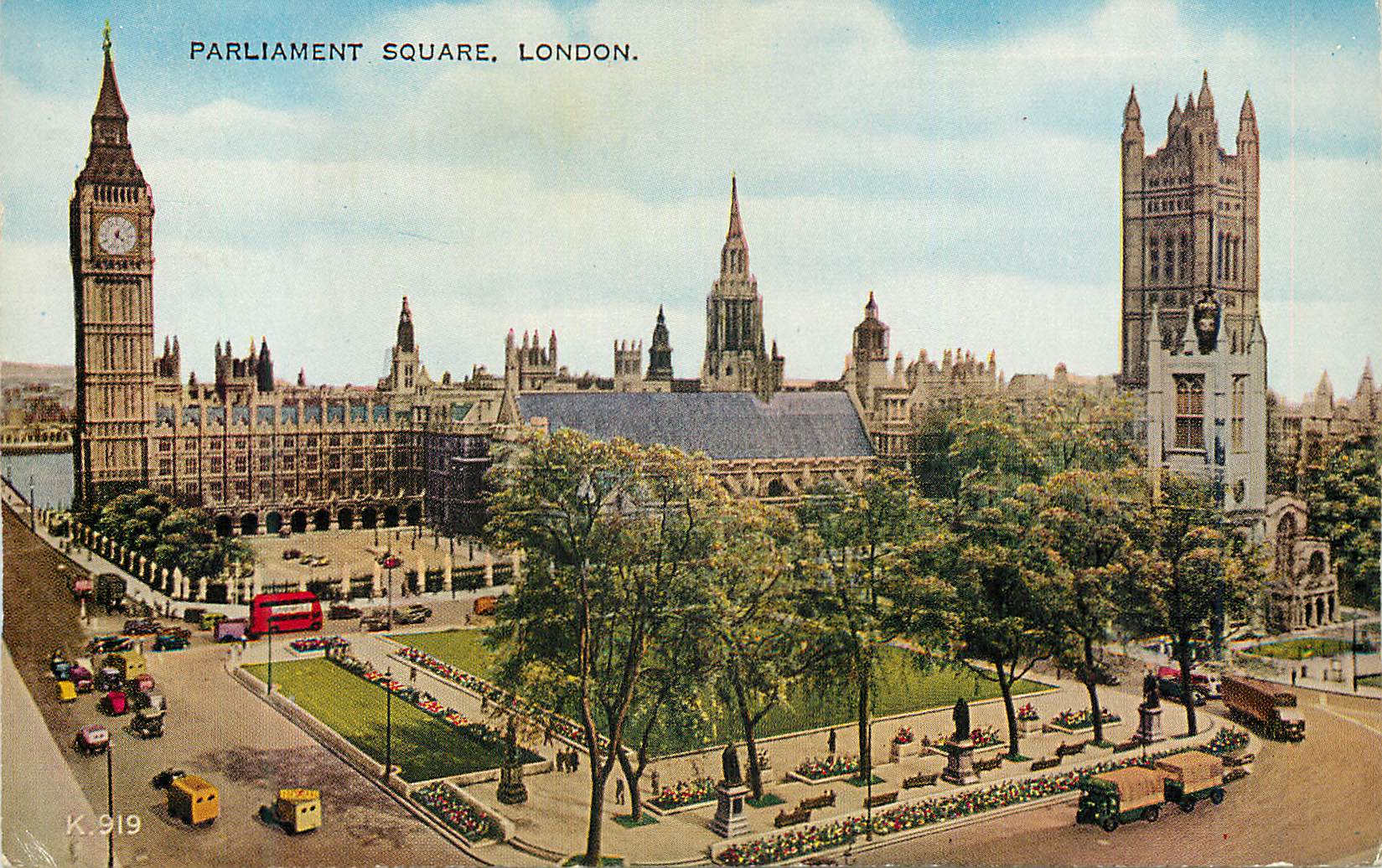 Parlamentsplatz, London — Panoramablick mit dem Big Ben — Valesque Postcard & Sons, Ltd. Nr. K.919