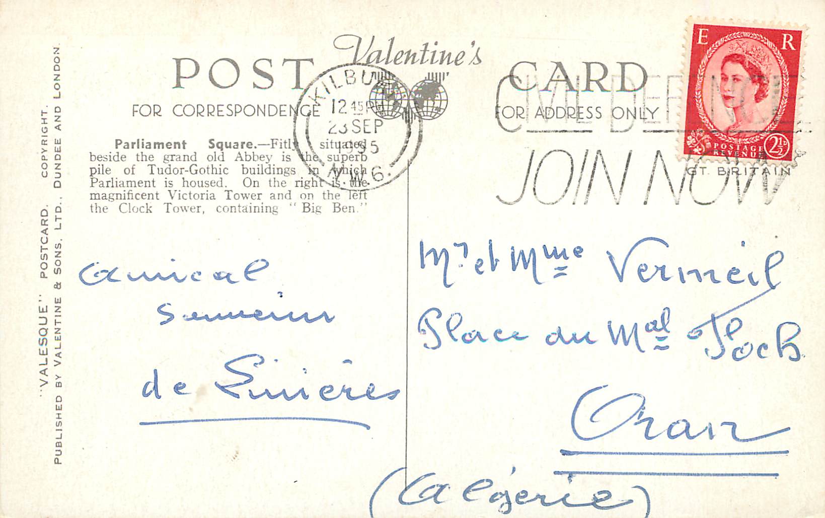 Parlamentsplatz, London — Panoramablick mit dem Big Ben — Valesque Postcard & Sons, Ltd. Nr. K.919 — Rückseite