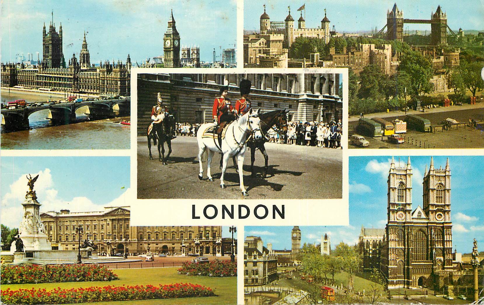 Londres — vue panoramique — The Houses of Parliament, Tower Bridge, Buckingham Palace, Westminster Abbey, soldat à cheval — éditeur PLC8024