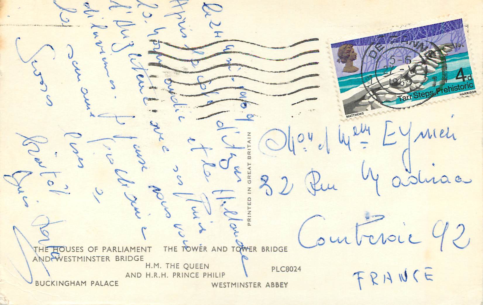Londres — vue panoramique — The Houses of Parliament, Tower Bridge, Buckingham Palace, Westminster Abbey, soldat à cheval — éditeur PLC8024 — Verso