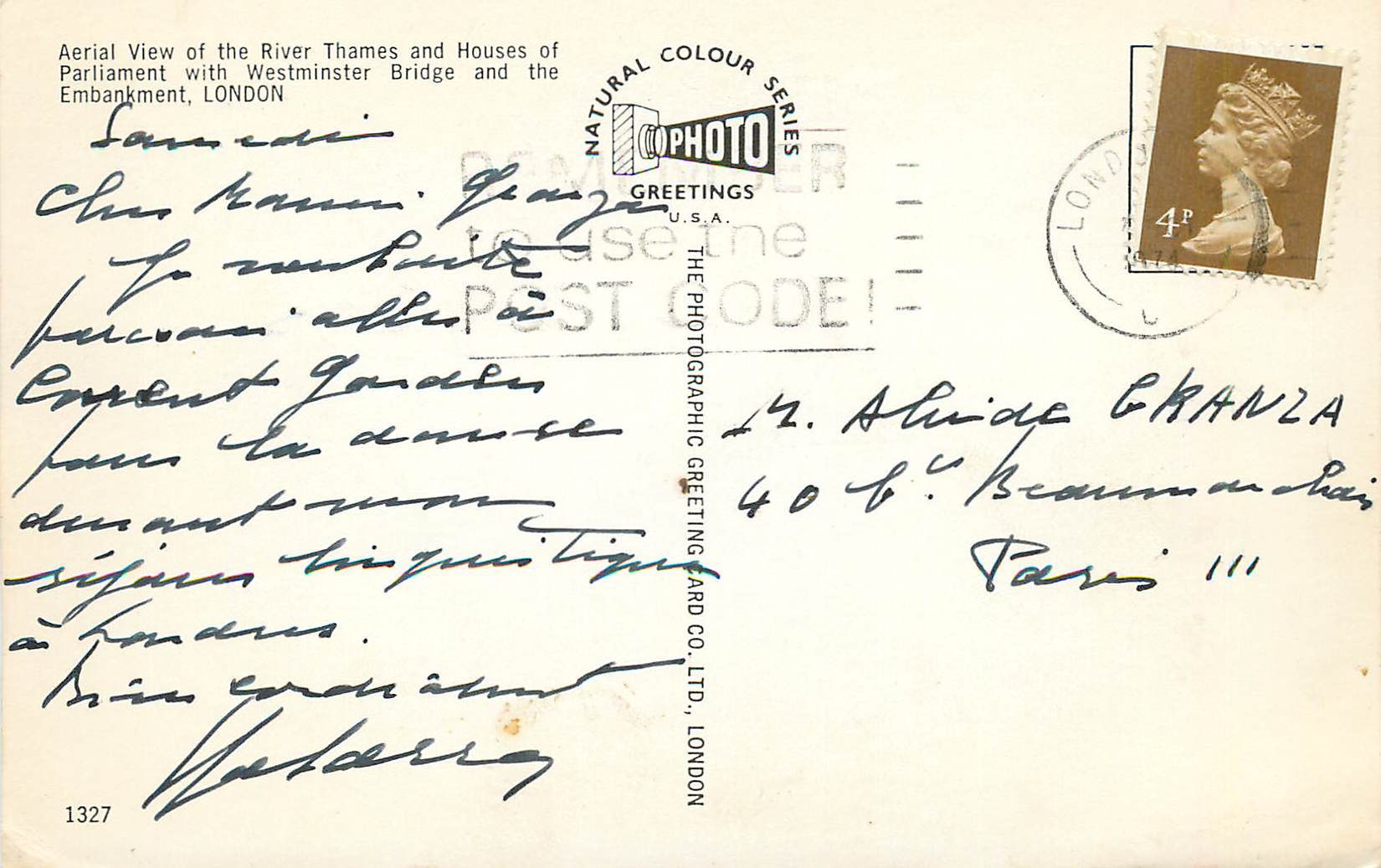 Vue aérienne du fleuve Thames et des maisons de Westminster, Londres — Natural Colour Series, éditeur The Photographic Greeting Card Co. Ltd., n° 1327 — Verso