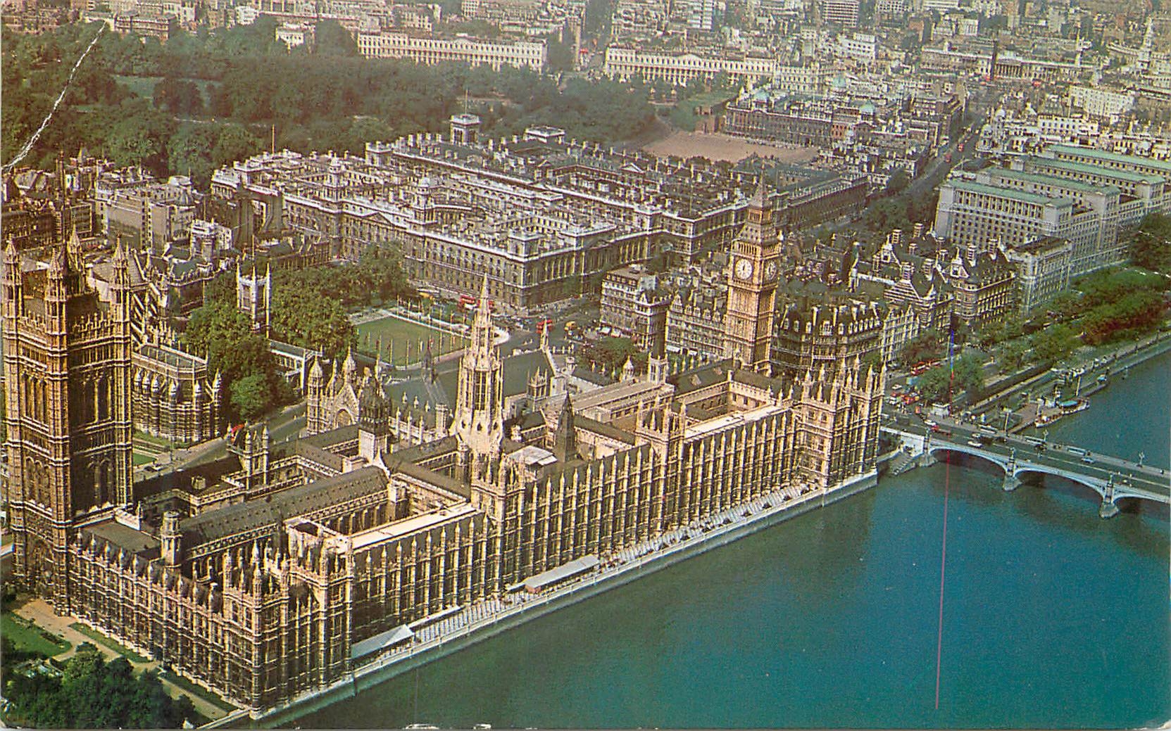 CPM Aerial view of Houses of Parliament Big Ben Westminster Abbey and Whitehall London 