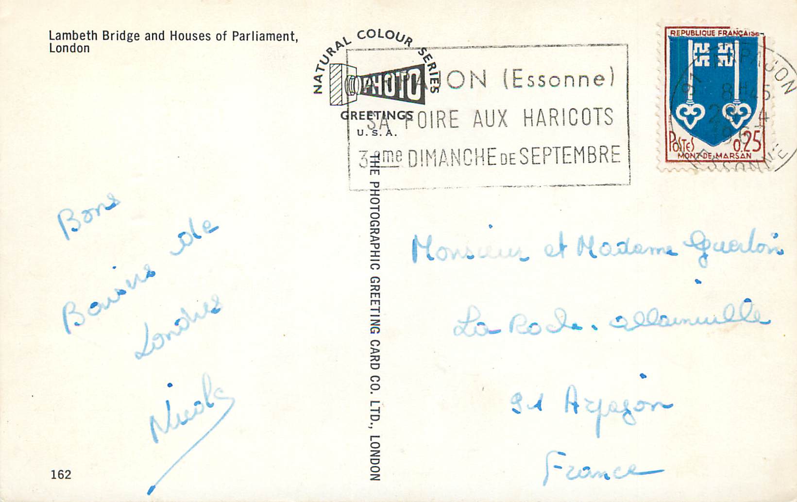 Lambeth Bridge and Houses of Parliament, London — Natural Colour Series 162 — The Photographic Greeting Card Co. Ltd., London — Verso