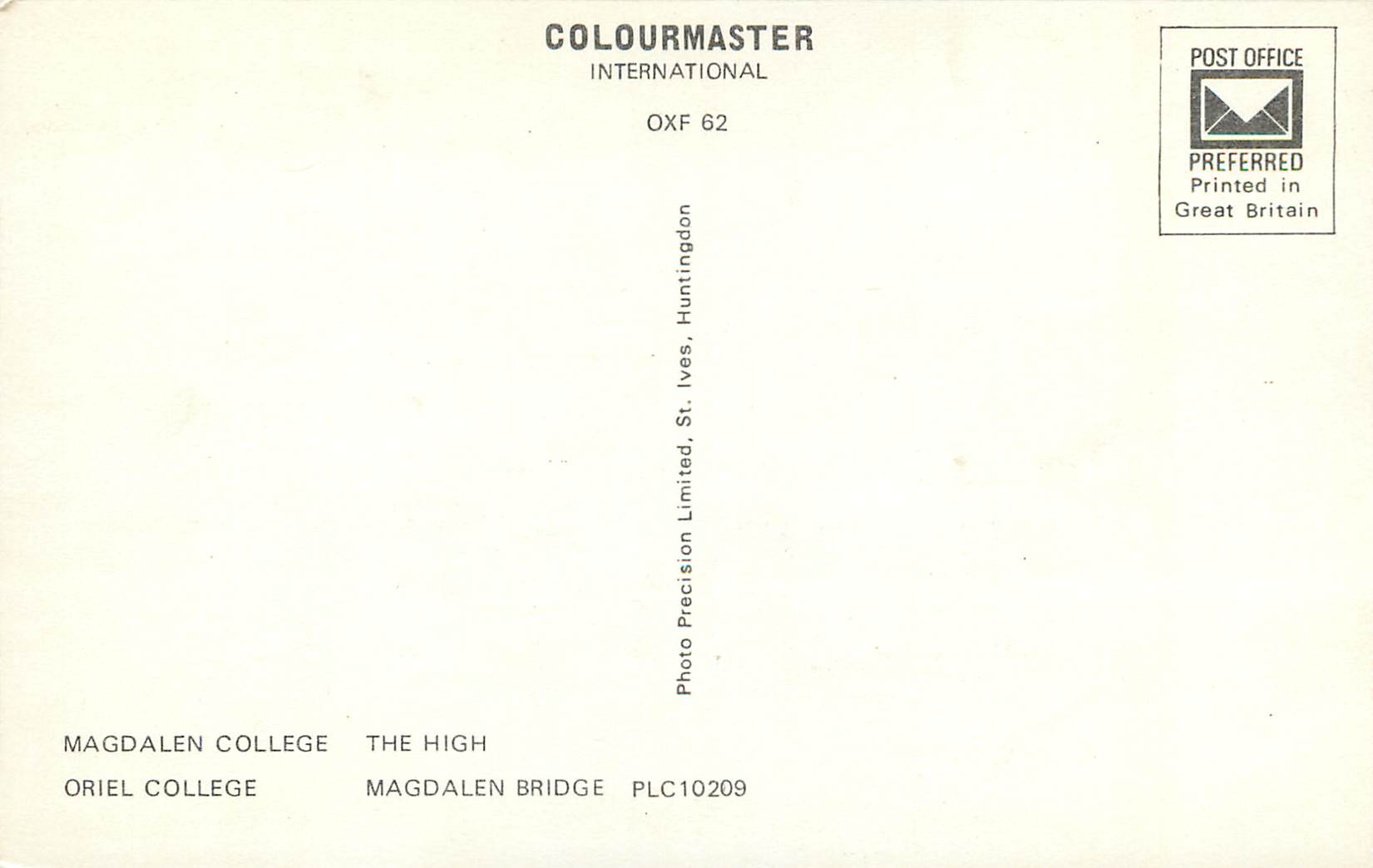 CPM Oxford Magdalen College The High Oriel College Magdalen Bridge  — Rückseite