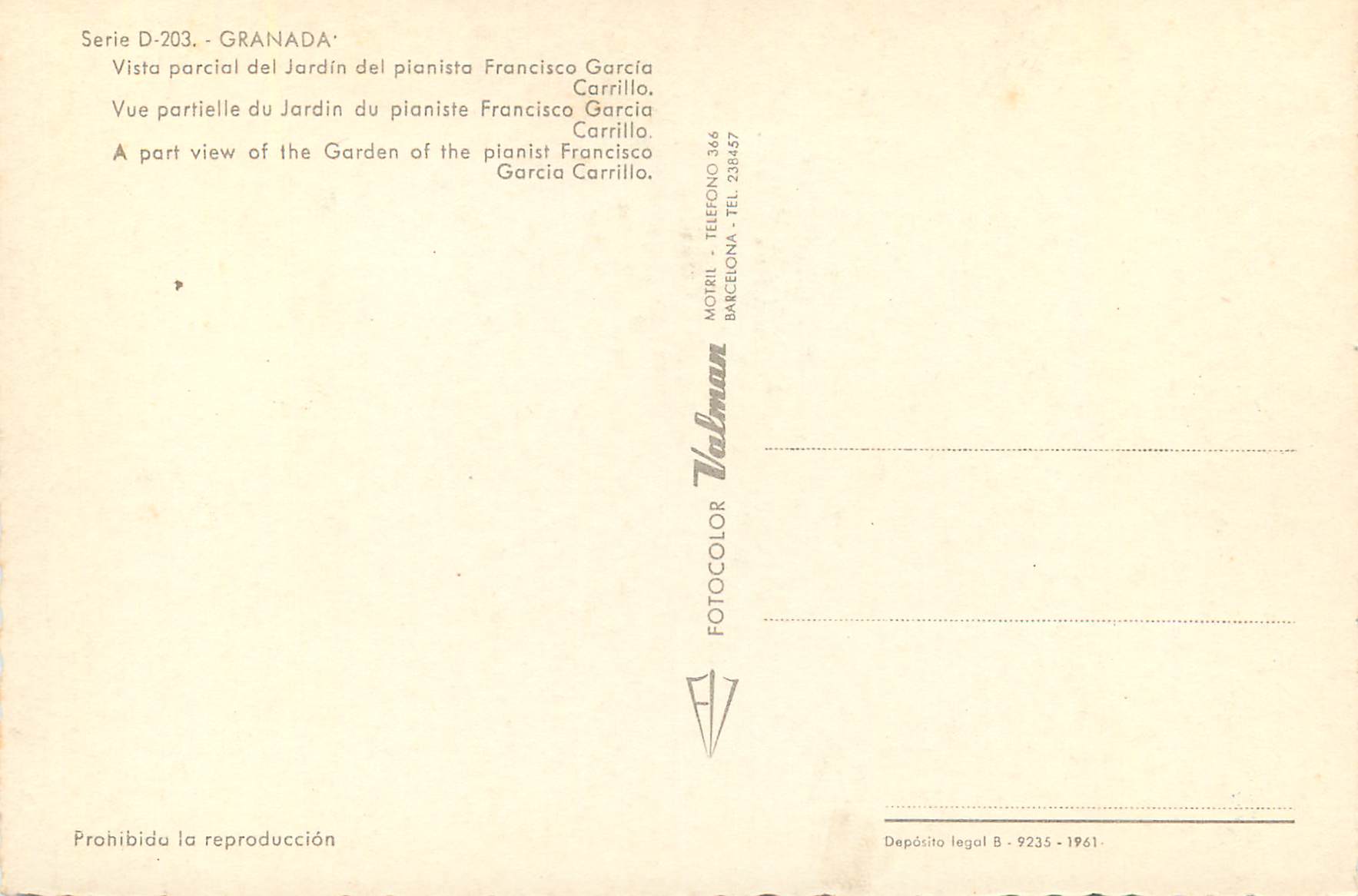 CPM Granada Vue partielle du Jardin du pianiste Francisca Garcia Carrillo  — Rückseite