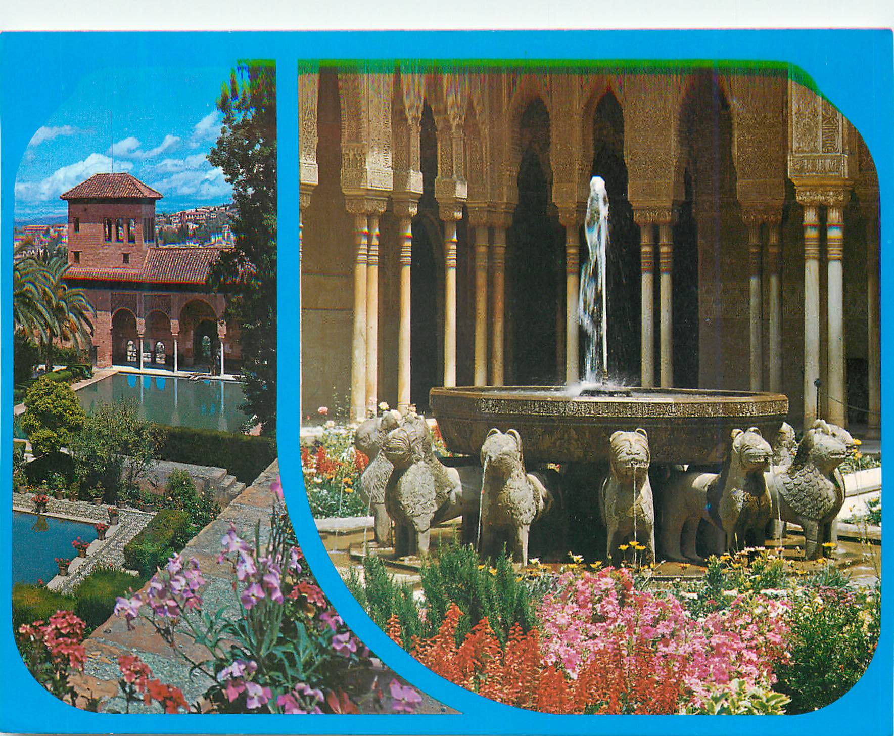 CPM Granada Alhambra Cour des Lions et detail Torre Damas 