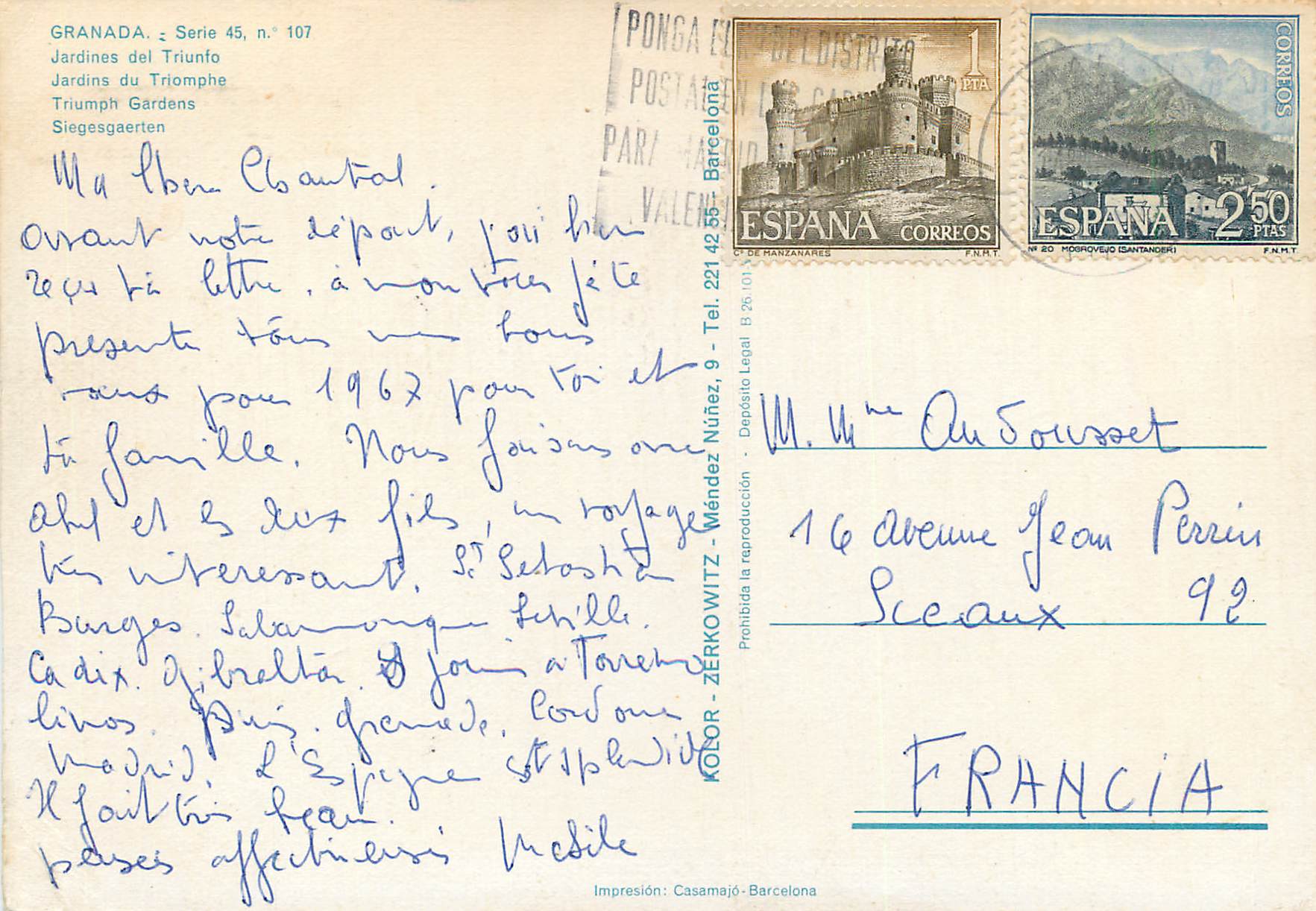 Jardines del Triunfo — Granada — Série 45, n° 107, éditeur Casamajó-Barcelone — Rückseite