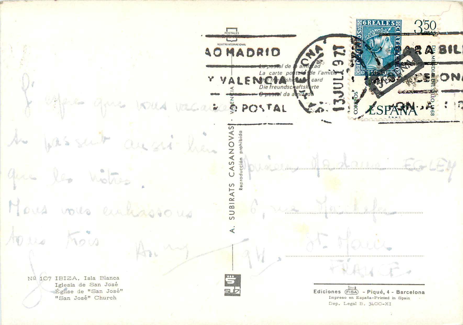 CPM Ibiza Isla Blanca Eglise de San Jose  — Rückseite