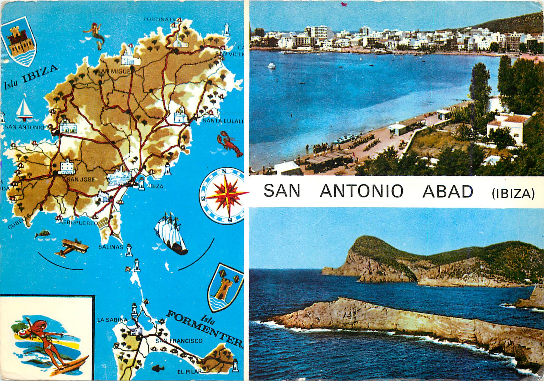 San Antonio Abad (Ibiza) — carte postale touristique avec carte de l'île — Éditeur : Exclusivas Casa Figueretas