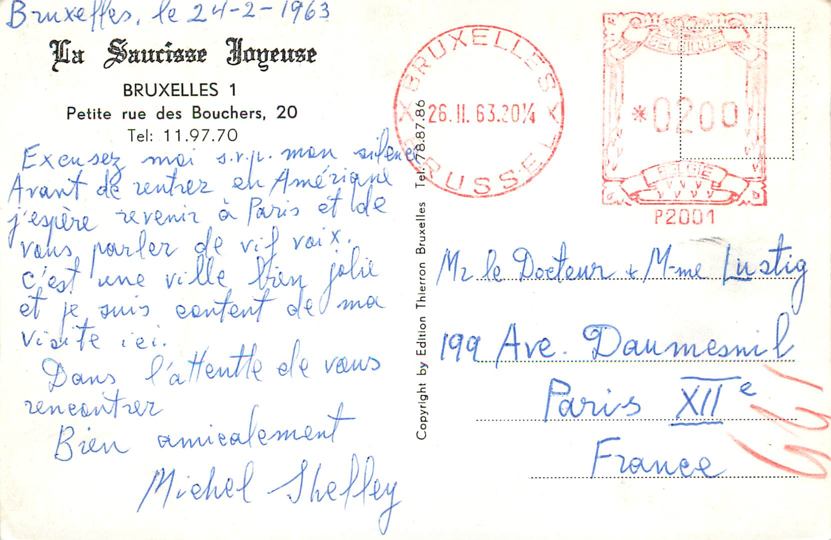 CPM Bruxelles Petite rue des Bouchers La Saucisse joyeuse Restaurant — Verso