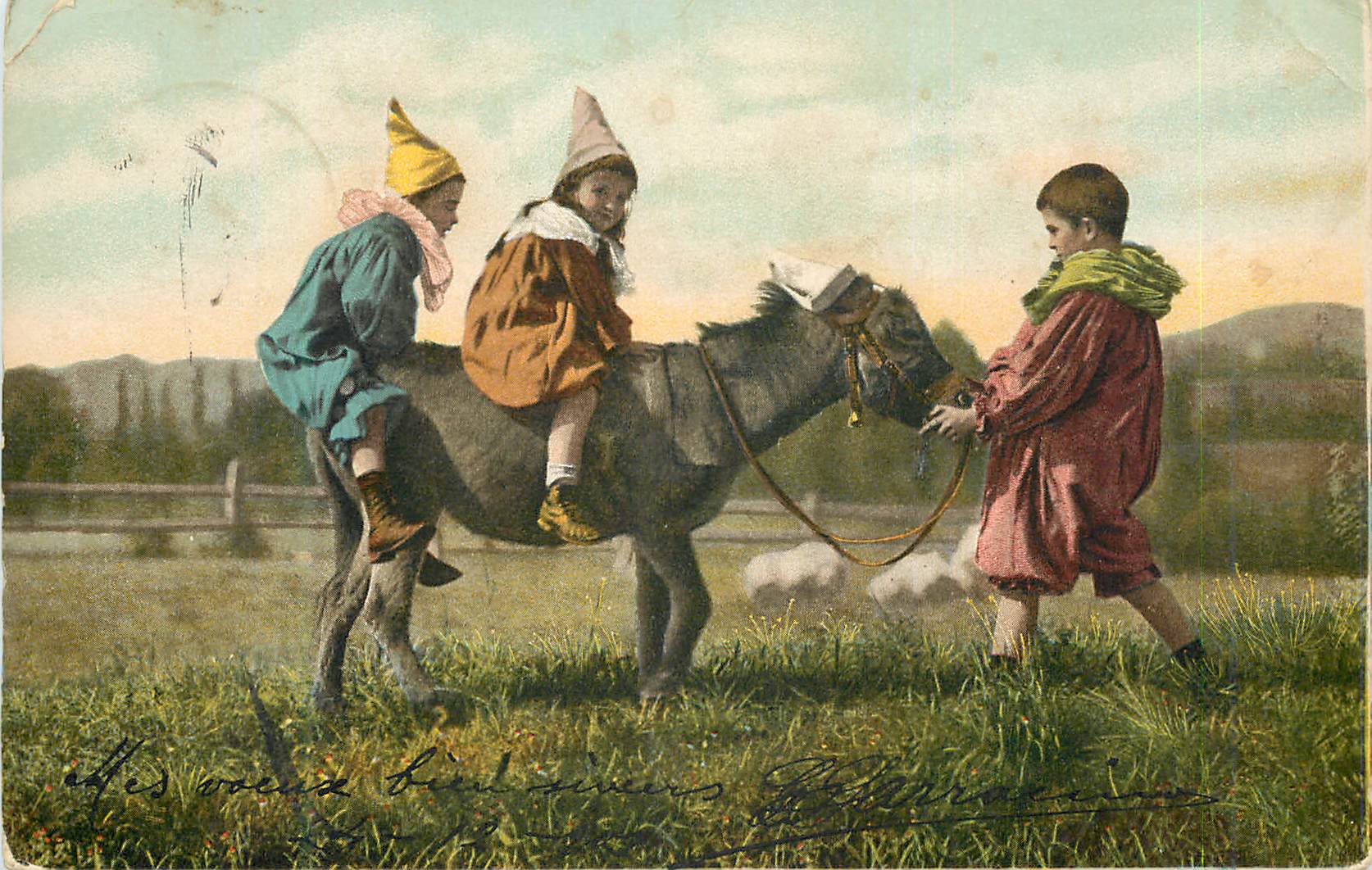 Children in carnival costumes on a donkey — unidentified publisher, series number not visible