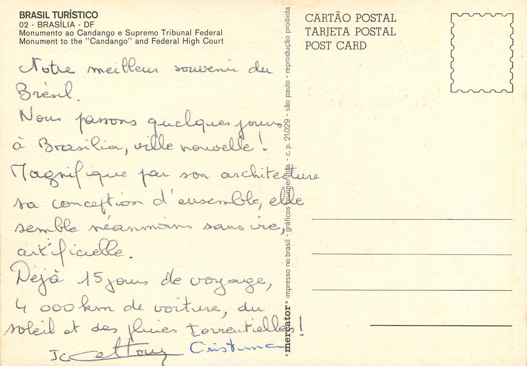 CPM Brasil Turistico Brasilia Monument to the Candango and Federal High Court  — Rückseite