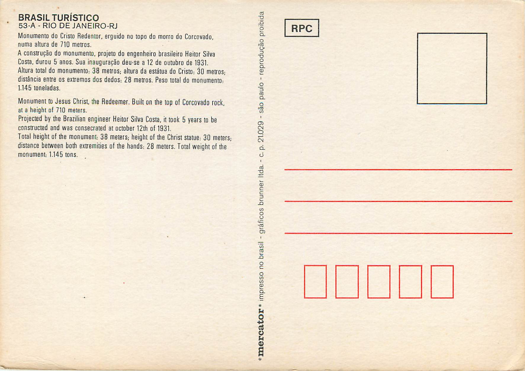 Christ Rédempteur — Rio de Janeiro-RJ — éditeur Mercator, n° 53-A — Rückseite