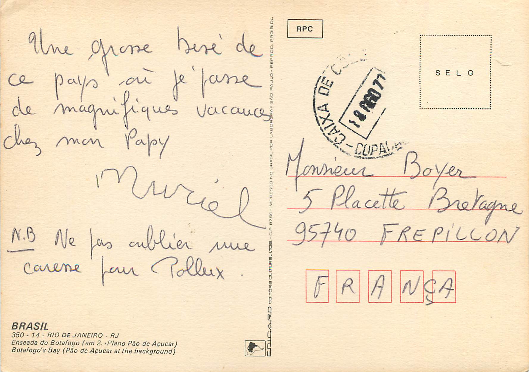 Rio de Janeiro — vue aérienne de Botafogo avec le Pain de Sucre — Edicard, n°350-14 — Back