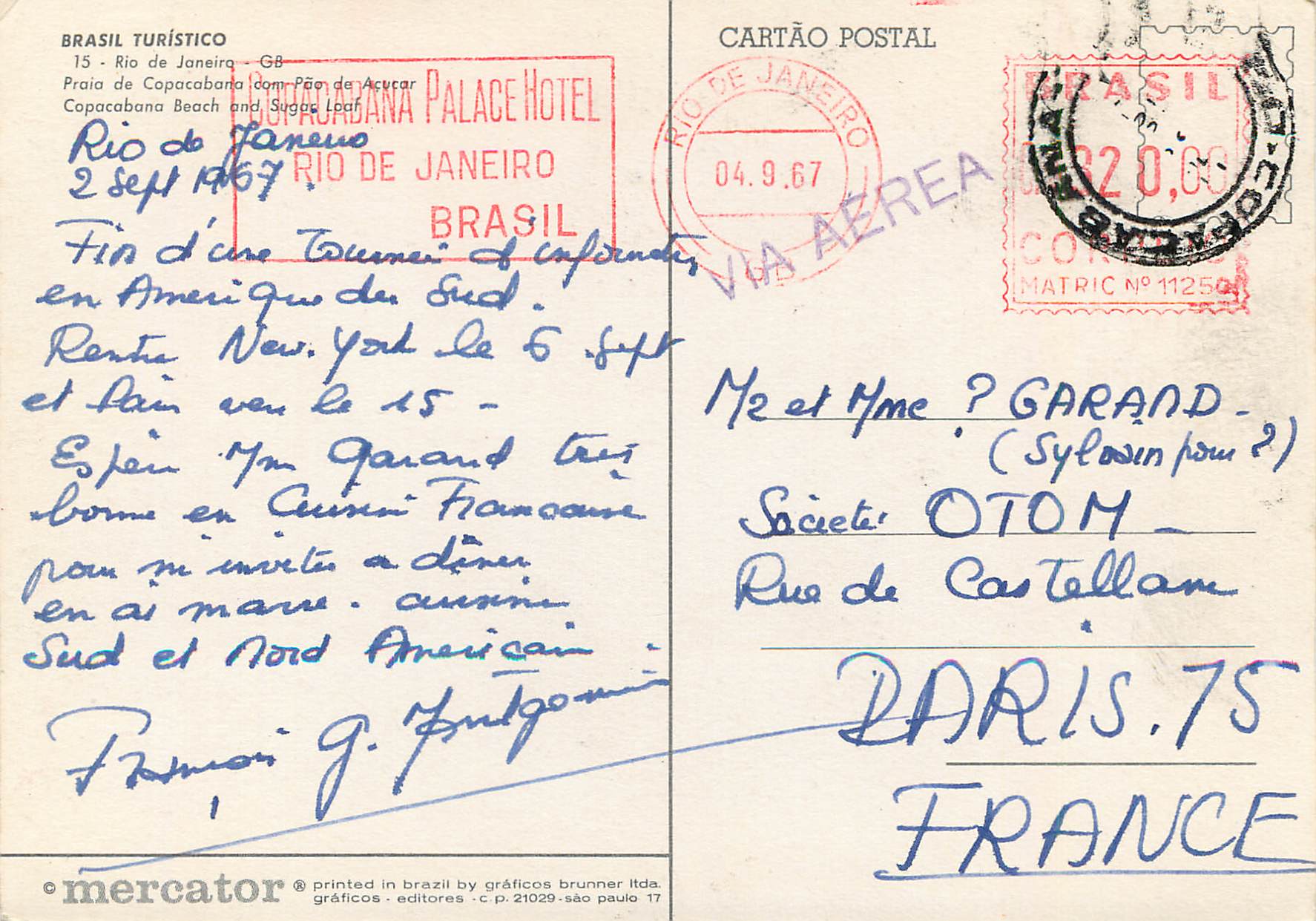 CPM Brasil Turistico Rio de Janeiro Copacabana Beach and Sugar Loaf  — Rückseite