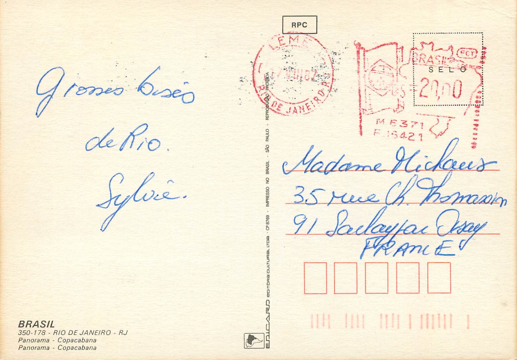 Rio de Janeiro — Copacabana — Éditeur Edicard, n° 350-178 — Verso