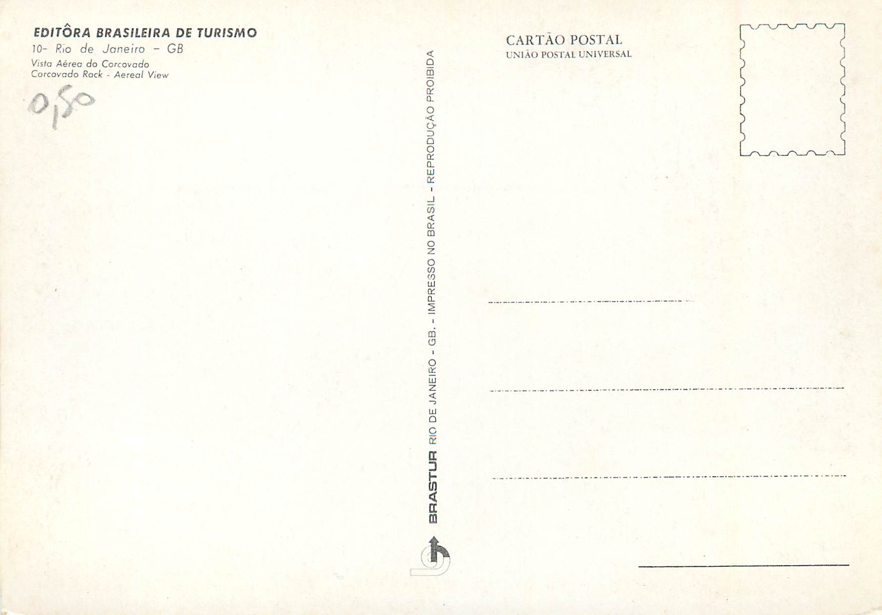 Rio de Janeiro — Vue aérienne du Christ Rédempteur — Éditeur Brastur — Rückseite