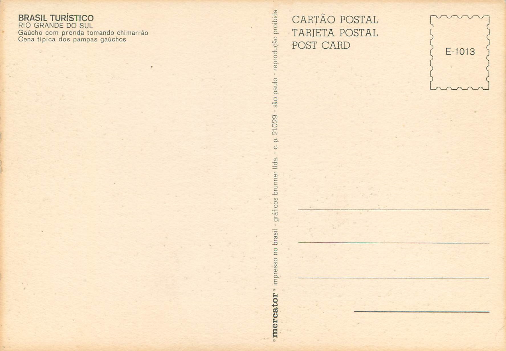 CPM Brasil Turistico Rio Grande do Sul Cana tipica dos pampas gauchos  — Back