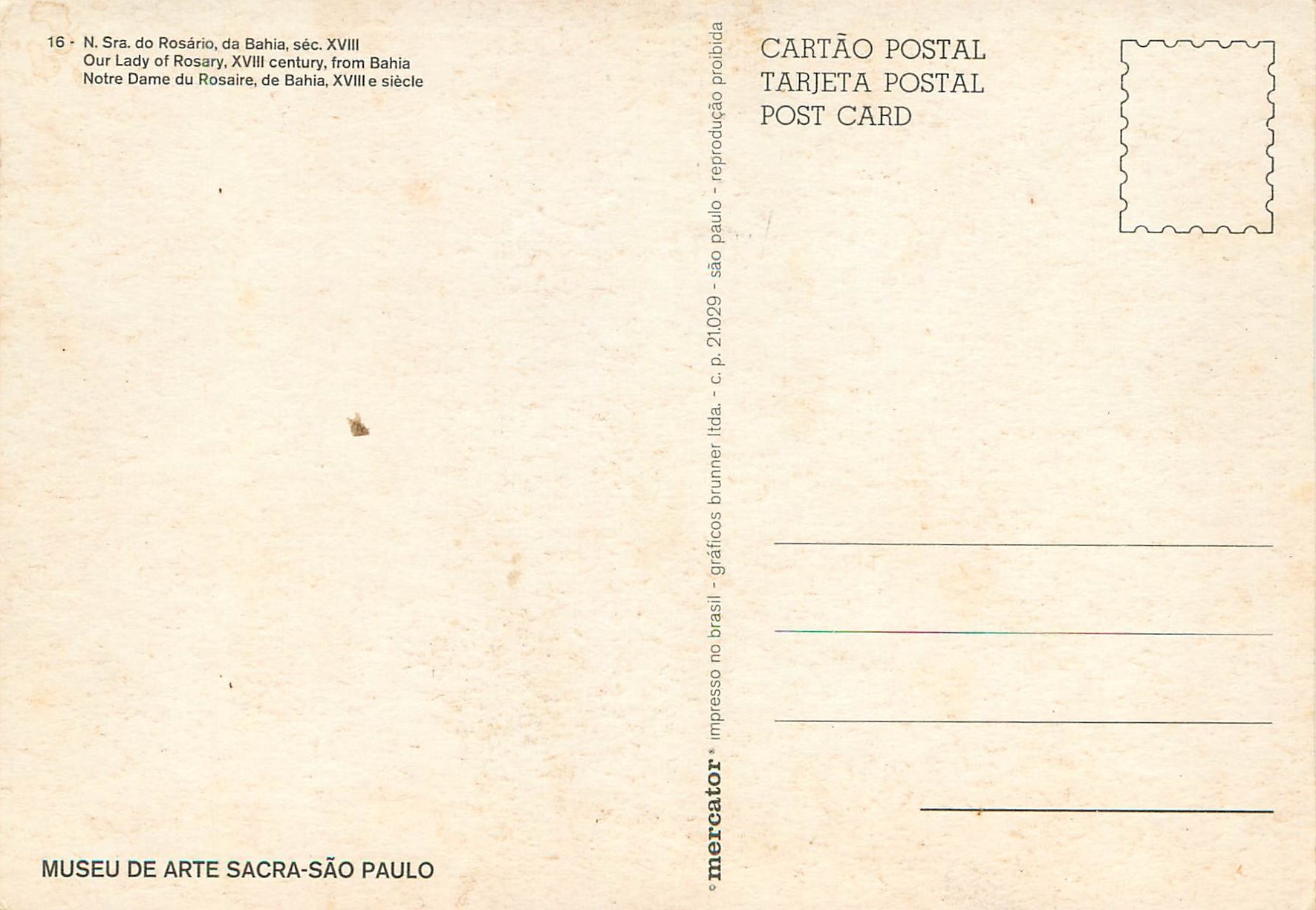CPM Our Lady of Rosary from Bahia Museu de Arte Sacra Sao Paulo  — Back