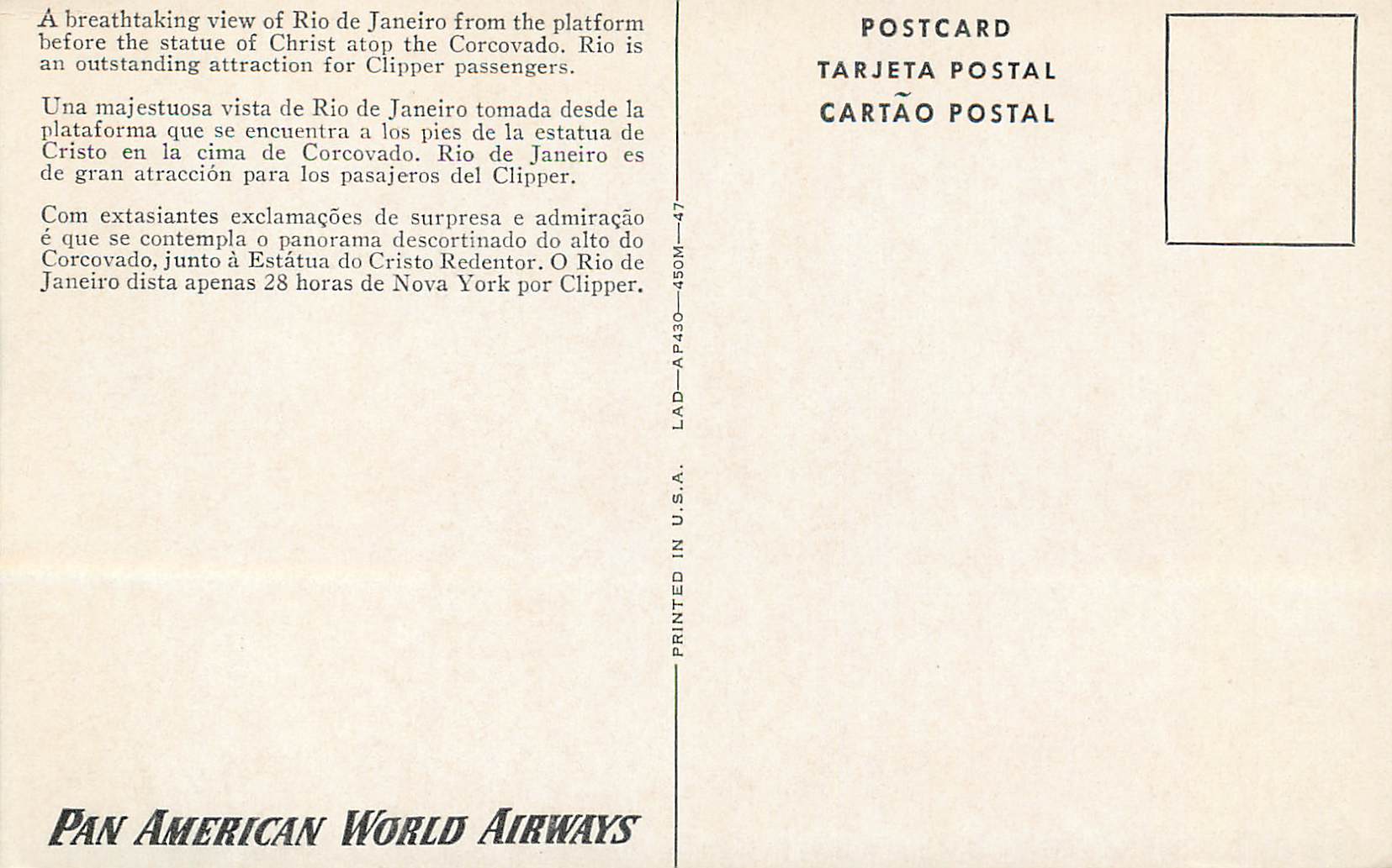 Vue de Rio de Janeiro depuis le Corcovado — Pan American World Airways — Verso