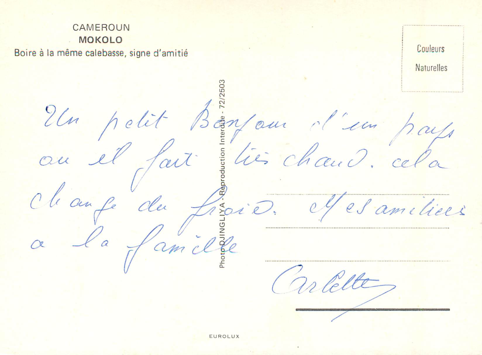 Mokolo, Cameroun — Boire à la même calebasse, signe d'amitié — Photo Quingliya, n°72/2503 — Rückseite