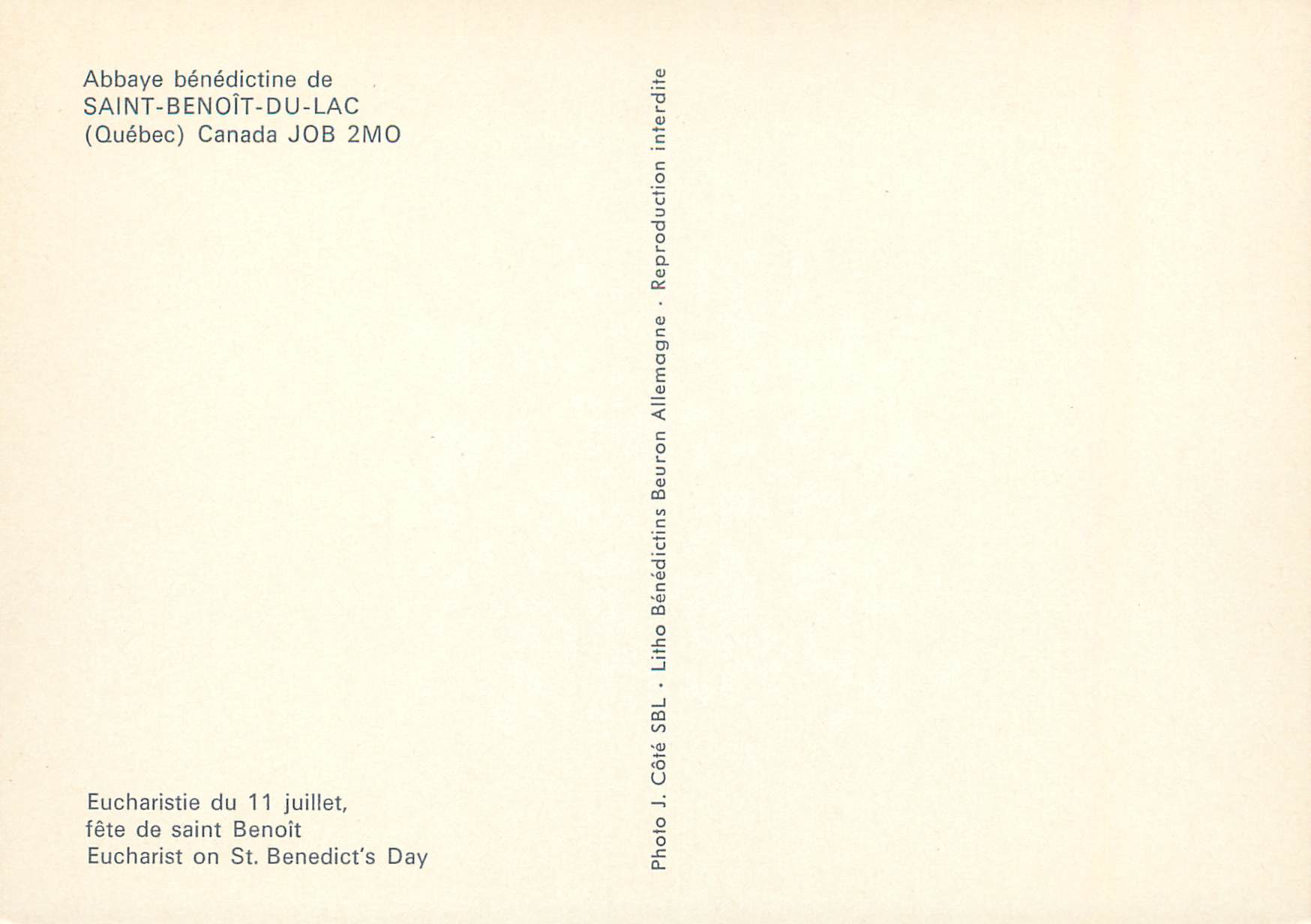CPM Abbaye benedectine de Saint Benoit du Lac Quebec Canada Eucharistie du fete de Saint Benoit  — Rückseite