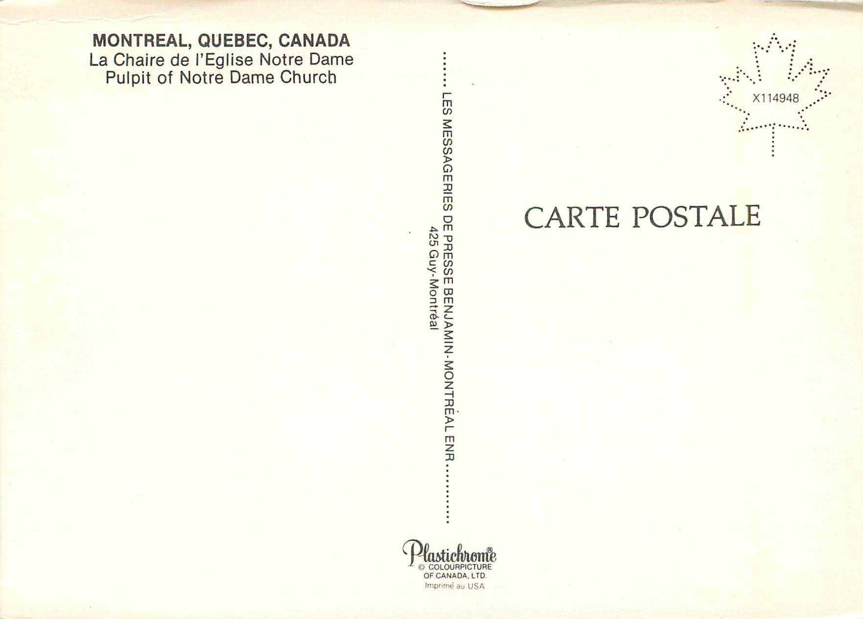 CPM Montreal Quebec Canada La Chaire de l Eglise Notre Dame  — Rückseite