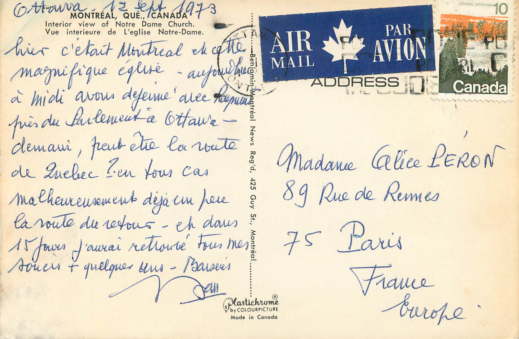 CPM Interieur de l'Eglise Notre Dame Montreal Que Canada  — Rückseite
