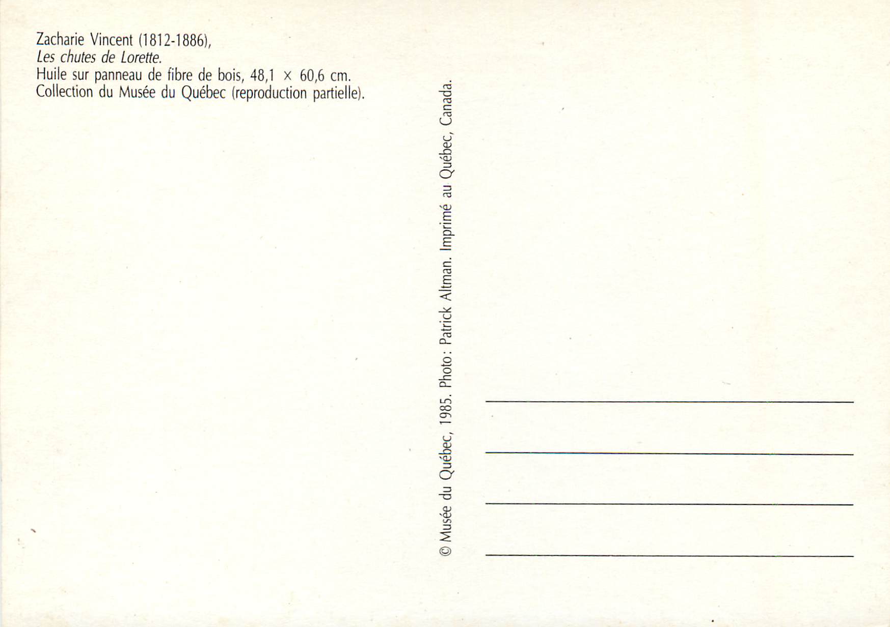 CPM Zacharie Vincent Les chutes de Lorette Huile sur panneau de fibre de bois  — Back