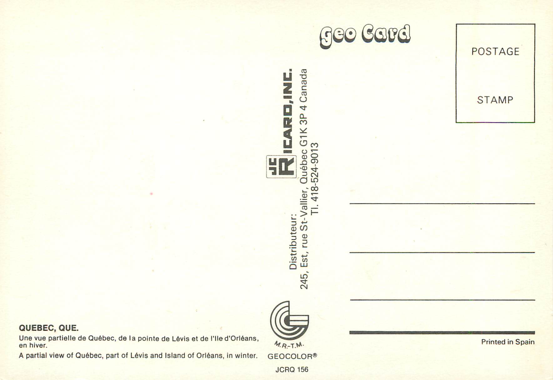 CPM Quebec Une vue partielle de Quebec de la pointe de Levis et de l'Ile d'Orleans en Hiver  — Rückseite