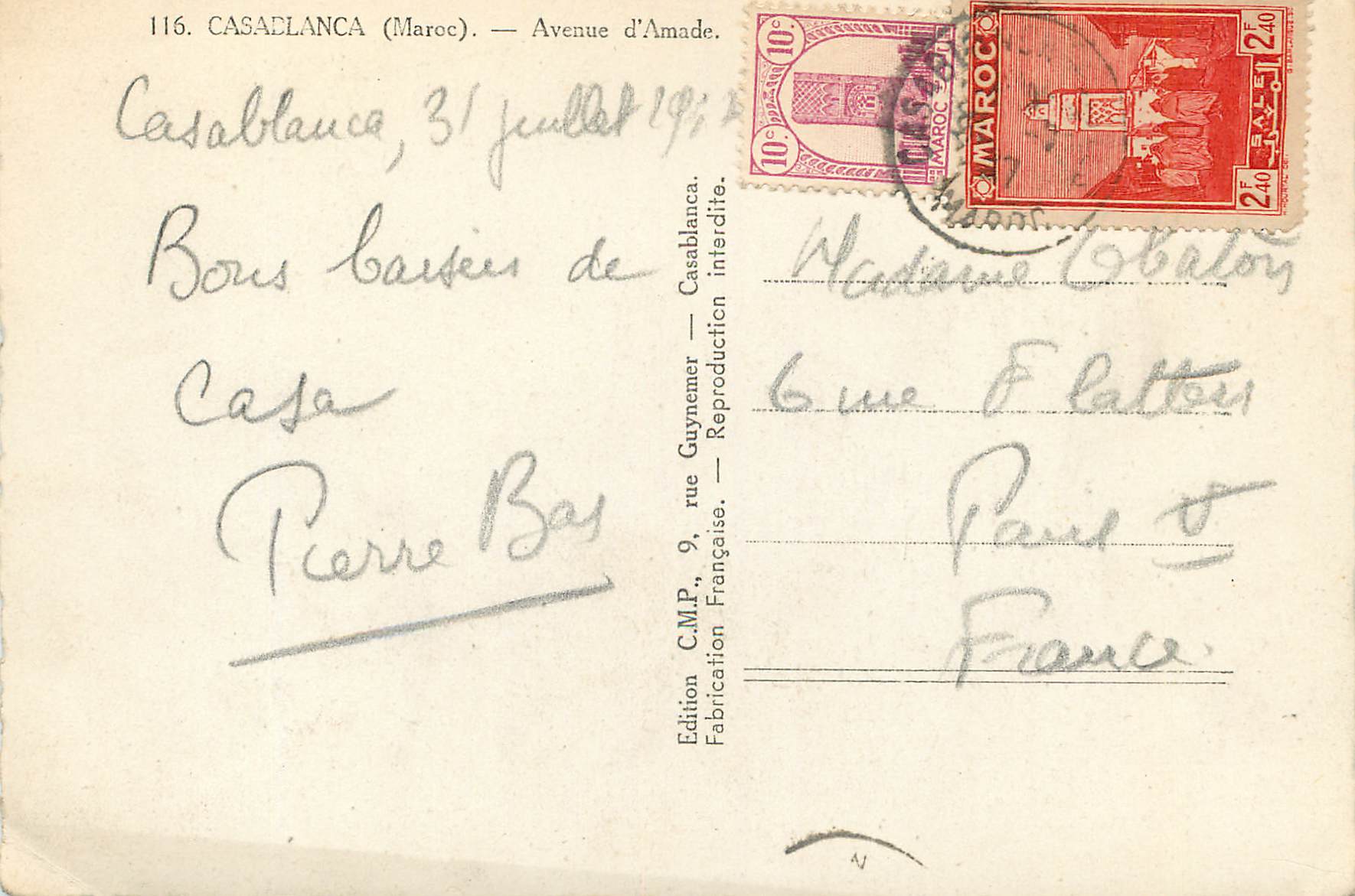 Casablanca — Avenue d'Amade — Édition Guynemer — Reverso
