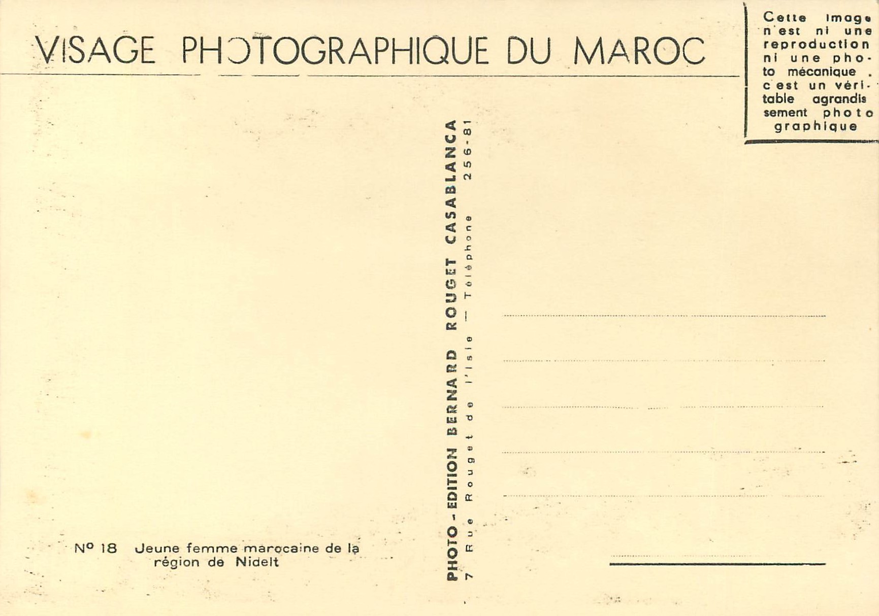 Jeune femme marocaine — région de Nidelt — Édition Rouget Bernard, Casablanca — Rückseite