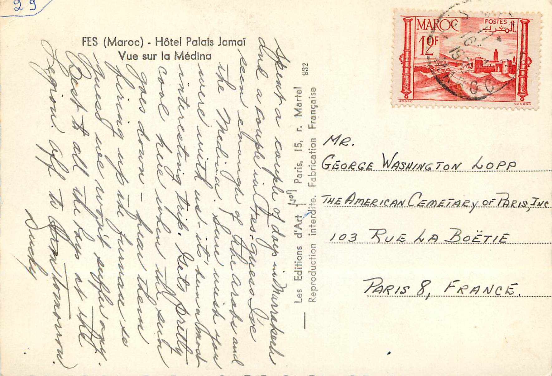 Fès (Maroc) - Hôtel Palais Jamai — Vue sur la Médina — Les Editions d'Art Martel, n° 982 — Reverso