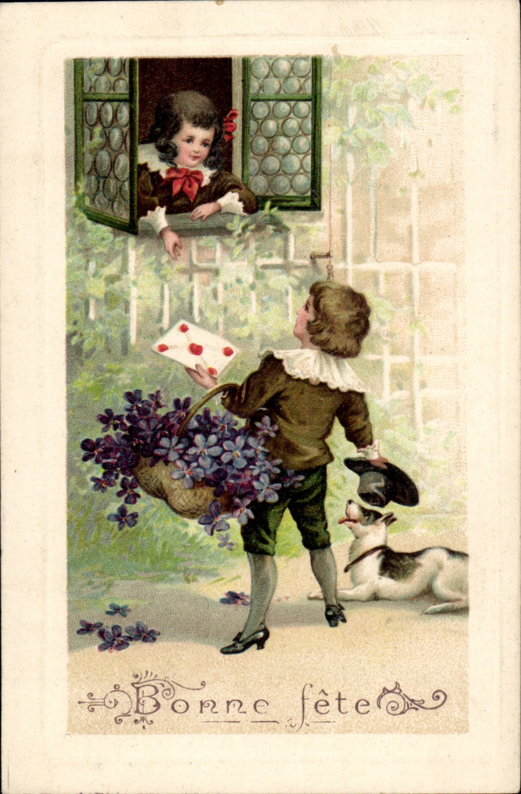 Enfant offrant des fleurs et une carte — Bonne fête — éditeur non visible