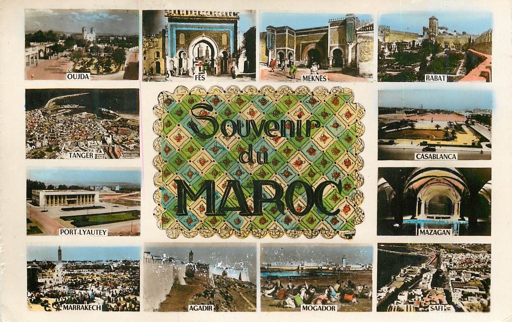 CPM Souvenir Maroc Oujda Fes Meknes Rabat Tanger Casablanca Port Lyautey Mazagan Marrakech Agadir Mogador Safi