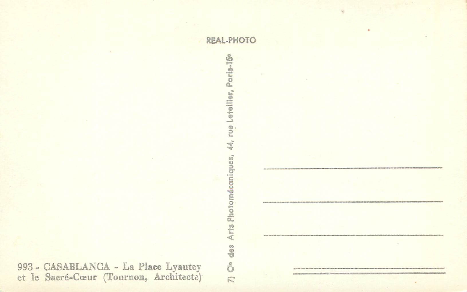 CPM Casablanca la place lyautey et le sacre soeur (tournon architecte) — Verso