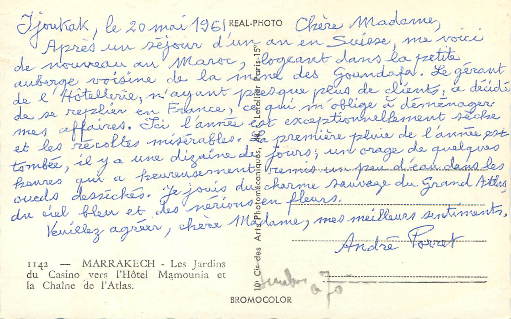 CPM Marrakech les jardins du casino vers l'hotel mamounia et la chaine de l'atlas — Rückseite