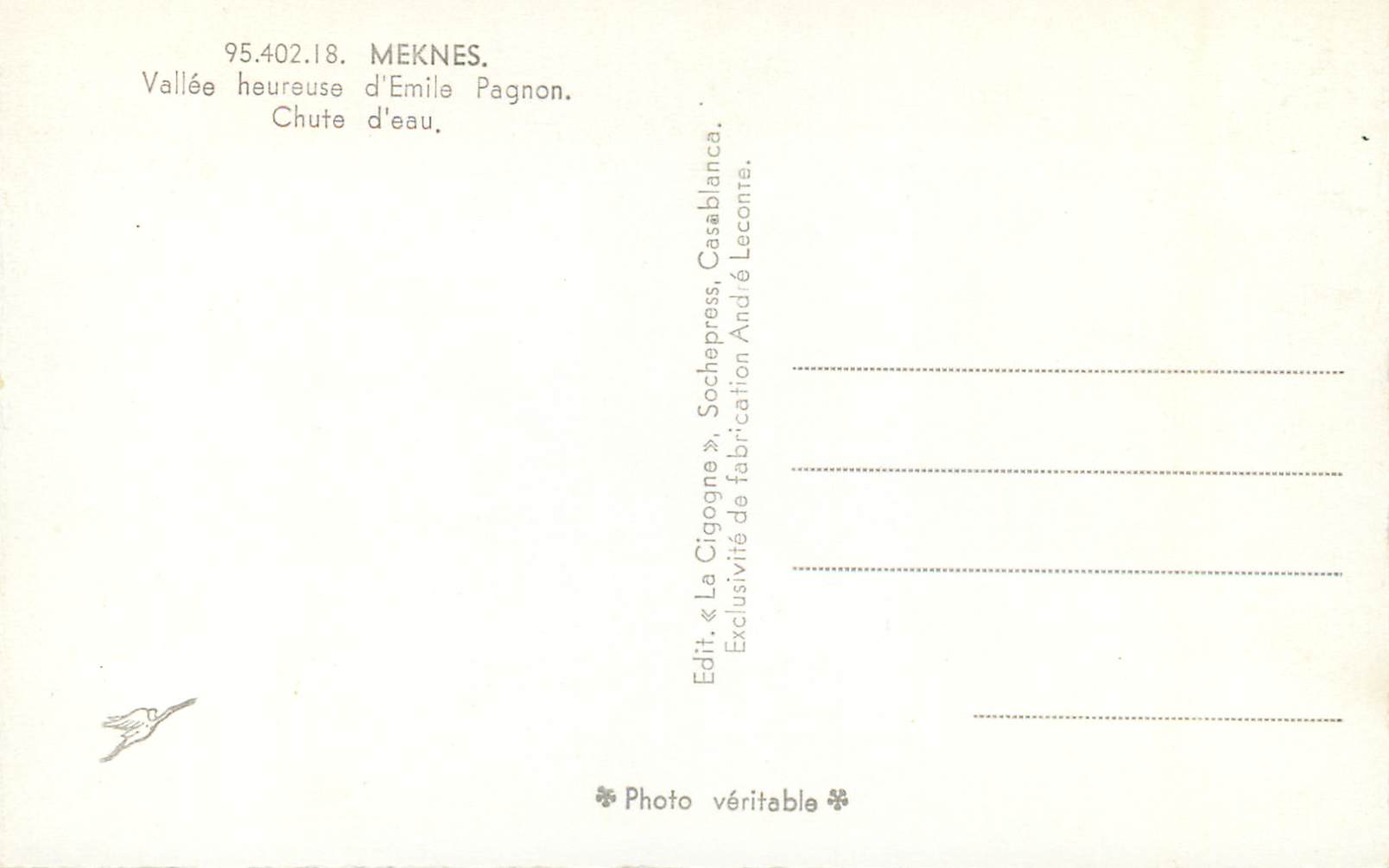 CPM Meknes vallee heureuse d'emile pagnon chute d'eau — Rückseite