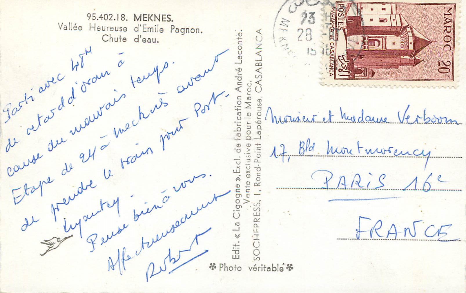 CPM Meknes vallee heureuse d'emile pagnon chute d'eau — Rückseite