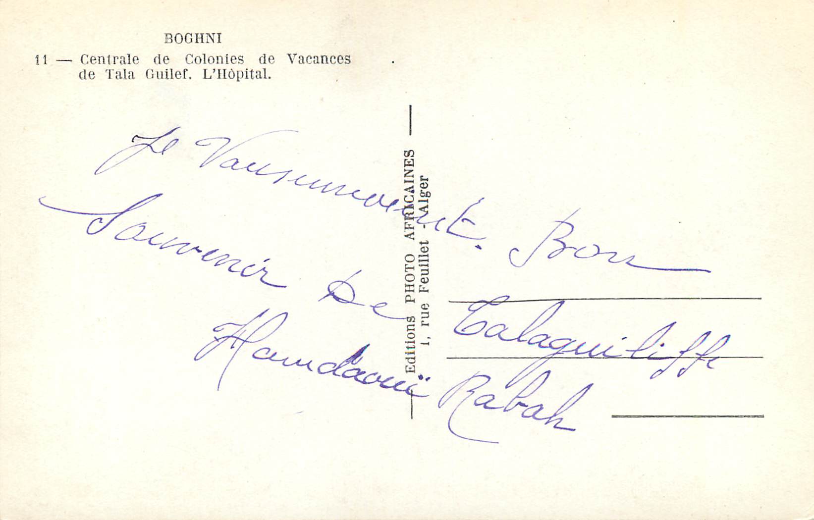Boghni — Centrale de Colonies de Vacances de Tala Guilef. L'Hôpital — Éditions Photo Africaines, Alger — Achterkant