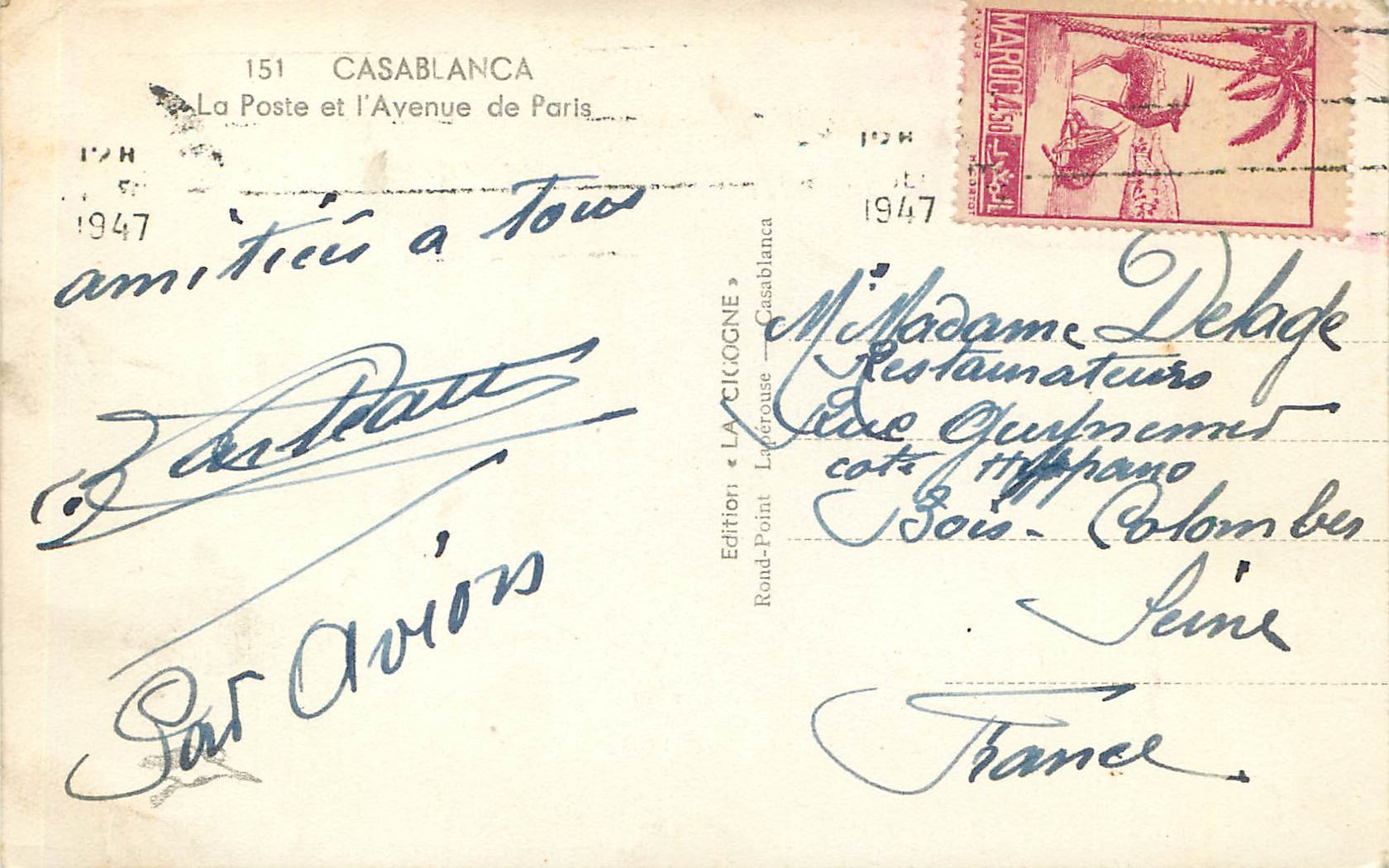 CPM Casablanca la poste et l'avenue de paris — Rückseite