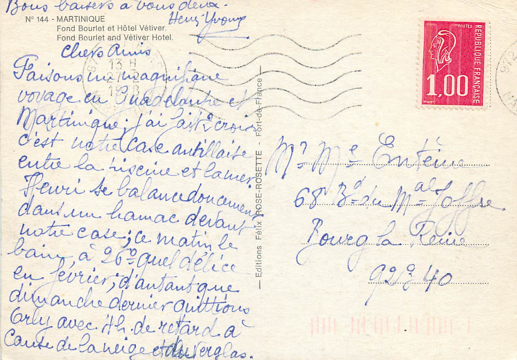 Fond Bourlet et Hôtel Vétiver — Martinique — Éditions Félix Rosette, N° 144 — Rückseite