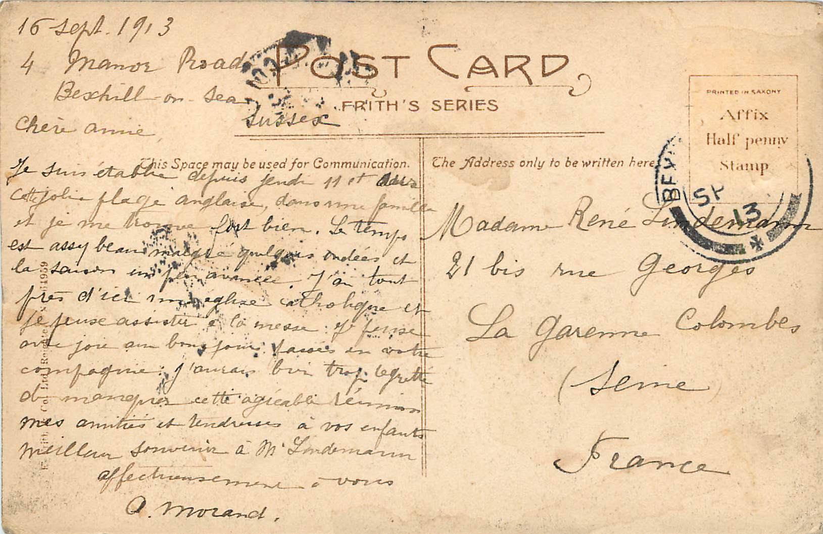 CPA Berhill on Sea Upper Sea Road — Rückseite