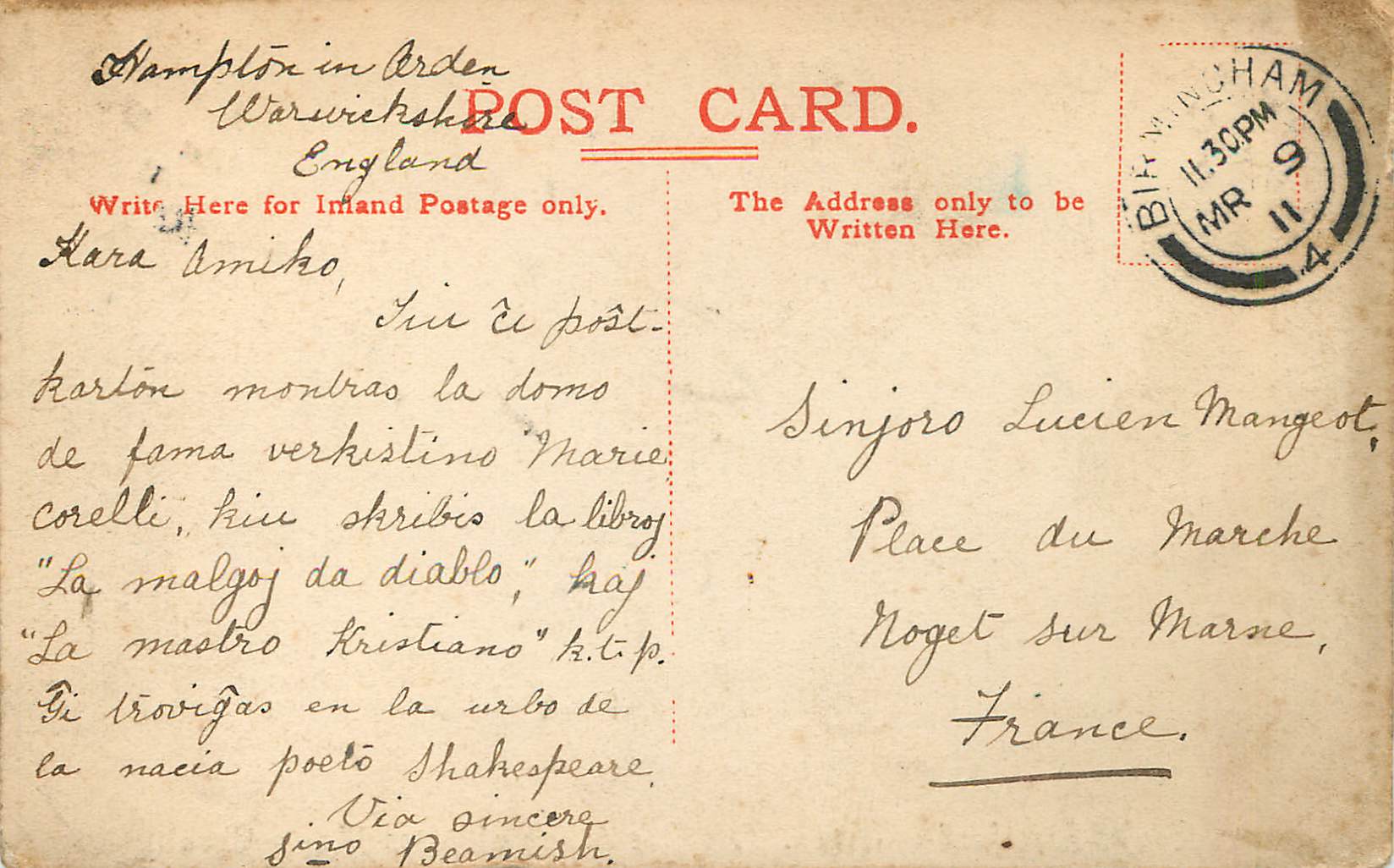 CPA Mason croft stratford on avon the residence of miss marie corelli — Verso