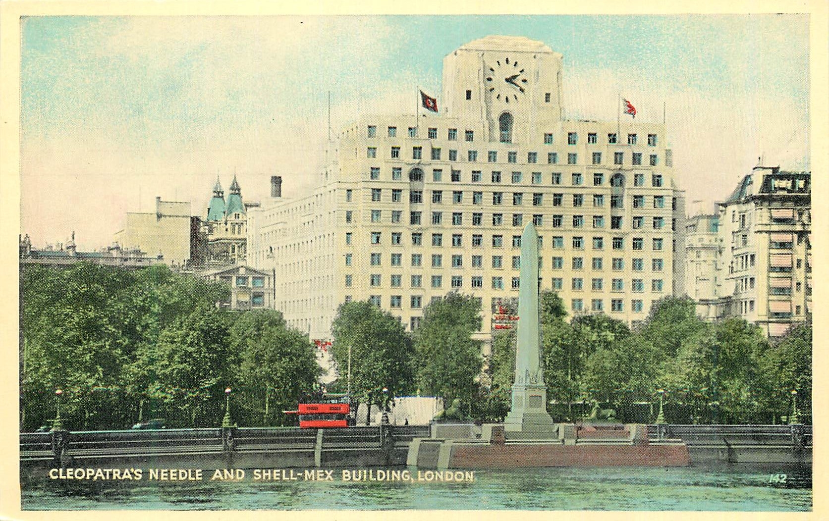 CPA London cleopatra's needle and shell mex building