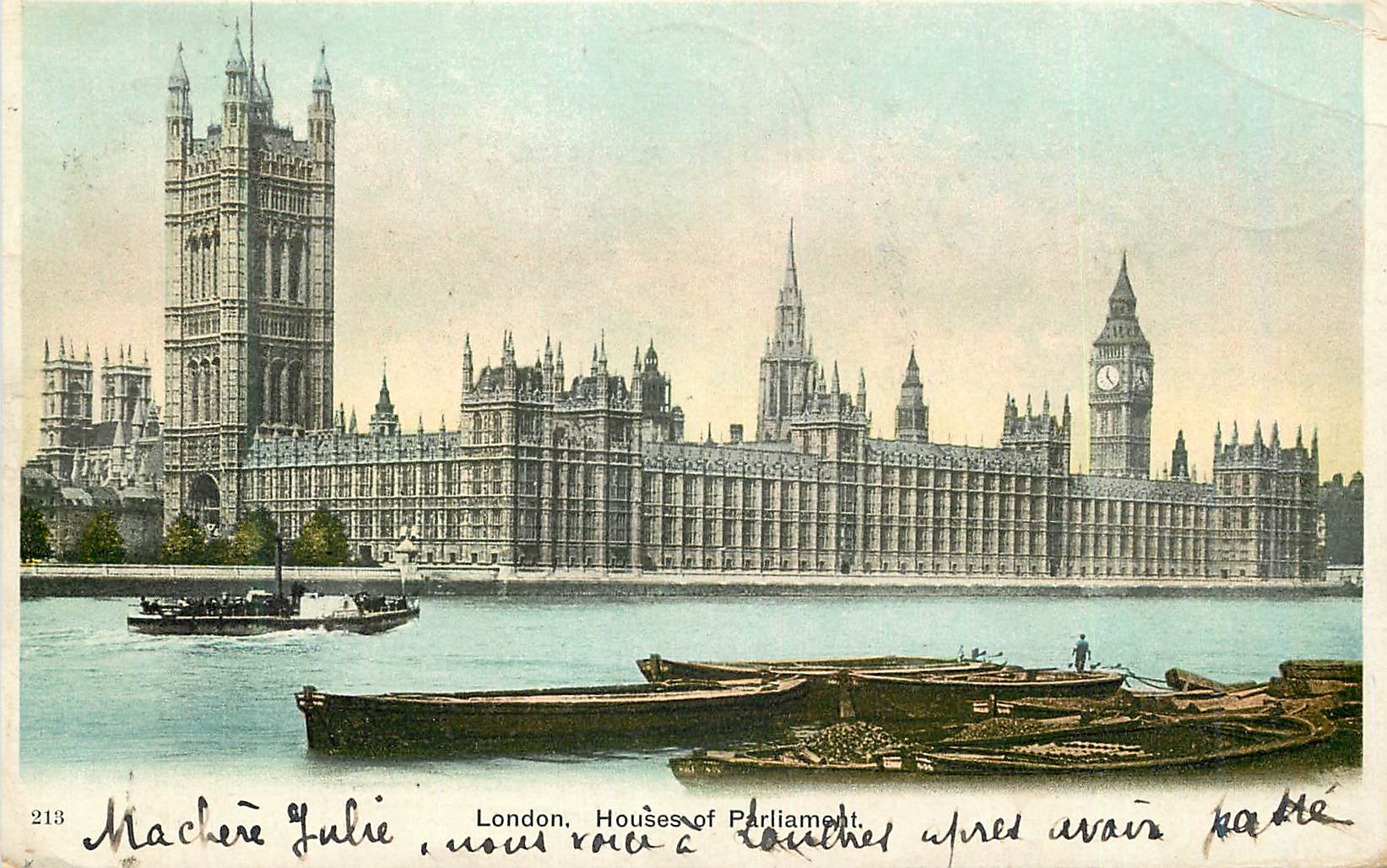 London, Houses of Parliament — vue du fleuve avec bateaux — éditeur Machère, n° 213