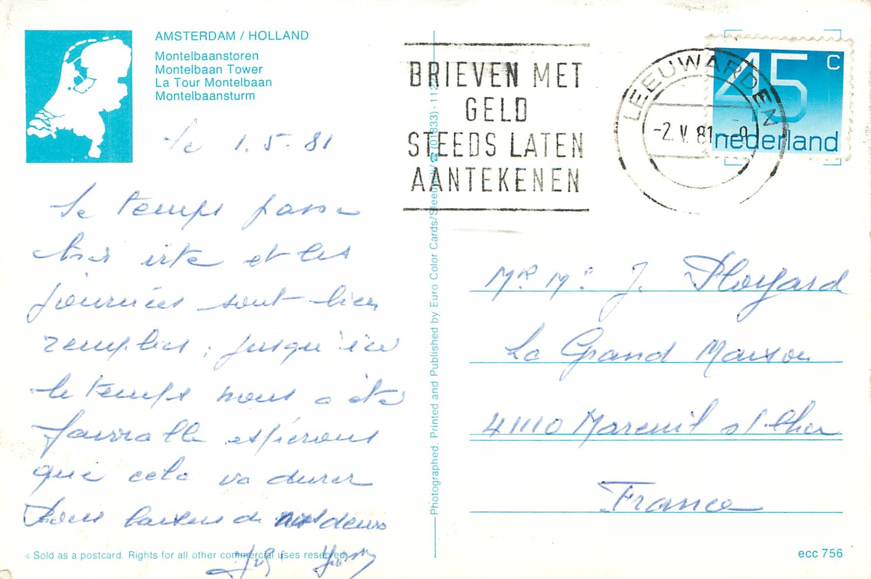 CPA Amsterdam Holland La Tour Montelbaan — Rückseite