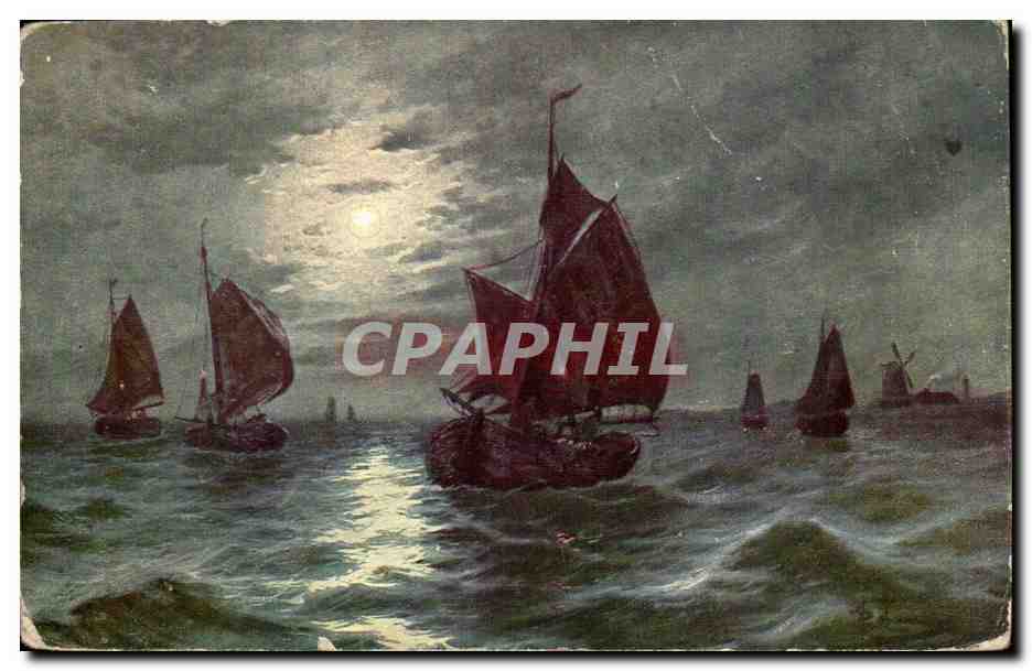 Navires à voile sous la lune — Vue nocturne — Serie 200