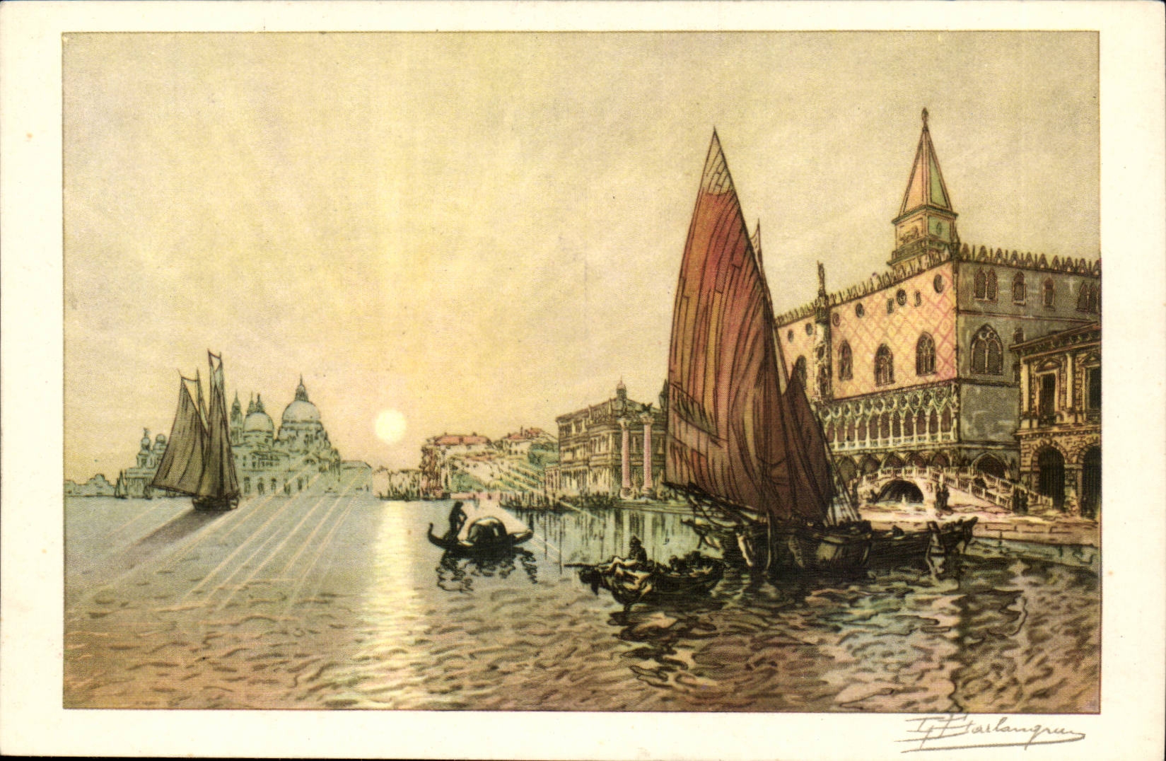Vue de Venise — Le Grand Canal avec le Palais des Doges et la basilique de Santa Maria della Salute — dessin de T. P. Talabangru