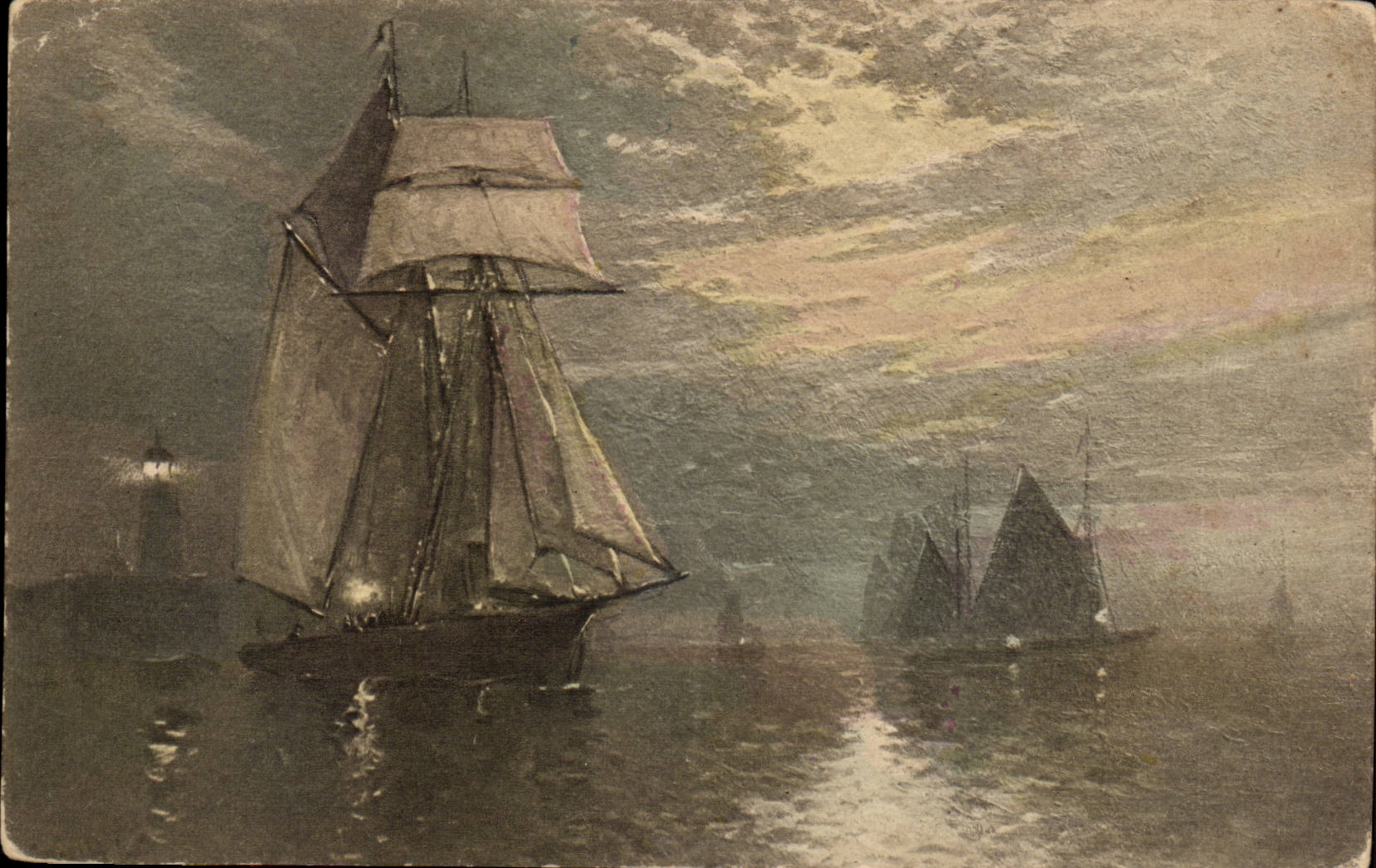 Navire à voile au crépuscule — phare en arrière-plan — C.W. Faulkner & Co. Ltd. Series 80